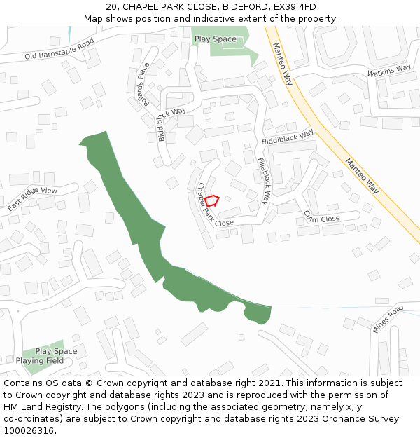 20, CHAPEL PARK CLOSE, BIDEFORD, EX39 4FD: Location map and indicative extent of plot