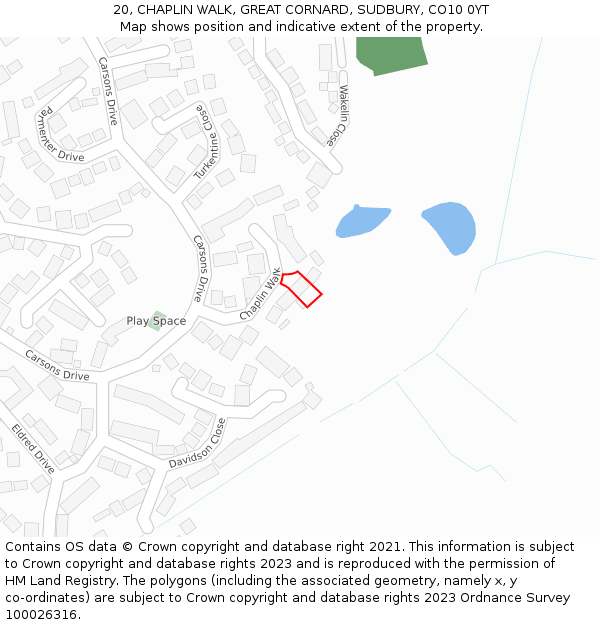 20, CHAPLIN WALK, GREAT CORNARD, SUDBURY, CO10 0YT: Location map and indicative extent of plot