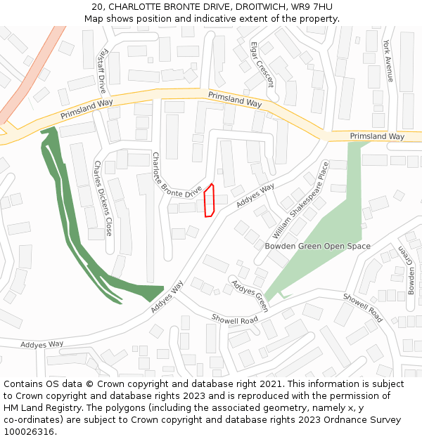 20, CHARLOTTE BRONTE DRIVE, DROITWICH, WR9 7HU: Location map and indicative extent of plot