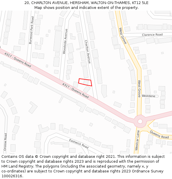 20, CHARLTON AVENUE, HERSHAM, WALTON-ON-THAMES, KT12 5LE: Location map and indicative extent of plot