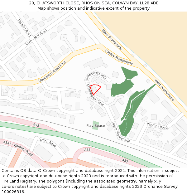 20, CHATSWORTH CLOSE, RHOS ON SEA, COLWYN BAY, LL28 4DE: Location map and indicative extent of plot