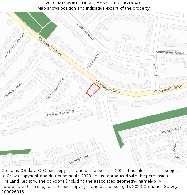 20, CHATSWORTH DRIVE, MANSFIELD, NG18 4QT: Location map and indicative extent of plot