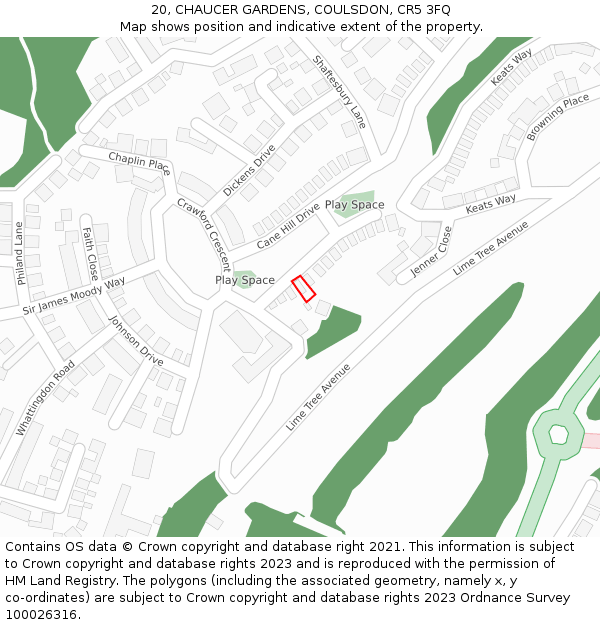 20, CHAUCER GARDENS, COULSDON, CR5 3FQ: Location map and indicative extent of plot