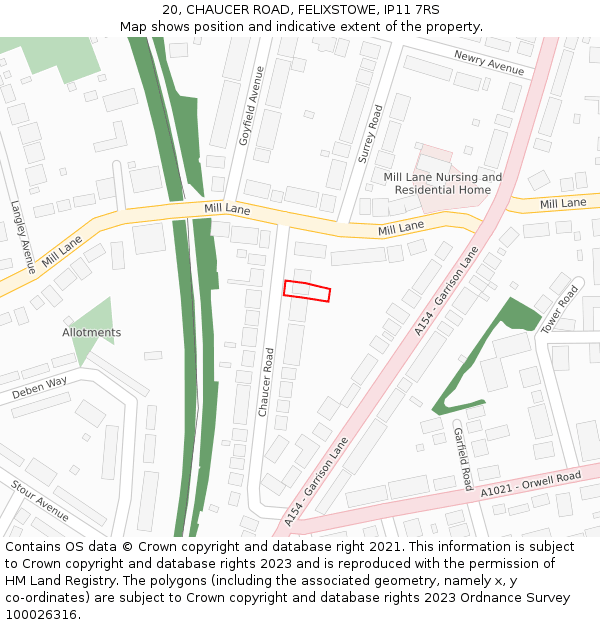 20, CHAUCER ROAD, FELIXSTOWE, IP11 7RS: Location map and indicative extent of plot