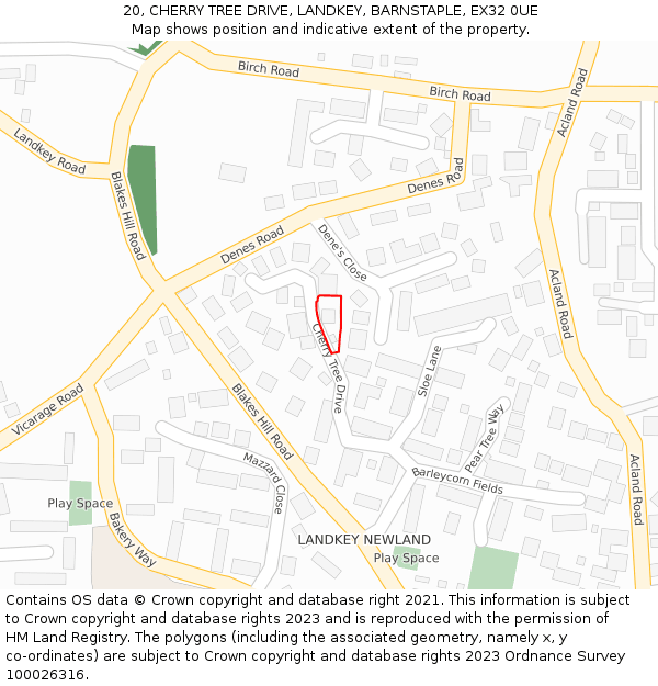 20, CHERRY TREE DRIVE, LANDKEY, BARNSTAPLE, EX32 0UE: Location map and indicative extent of plot