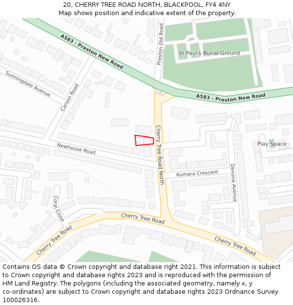 20, CHERRY TREE ROAD NORTH, BLACKPOOL, FY4 4NY: Location map and indicative extent of plot