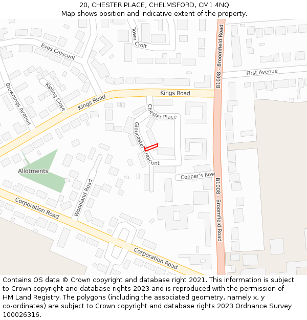 20, CHESTER PLACE, CHELMSFORD, CM1 4NQ: Location map and indicative extent of plot