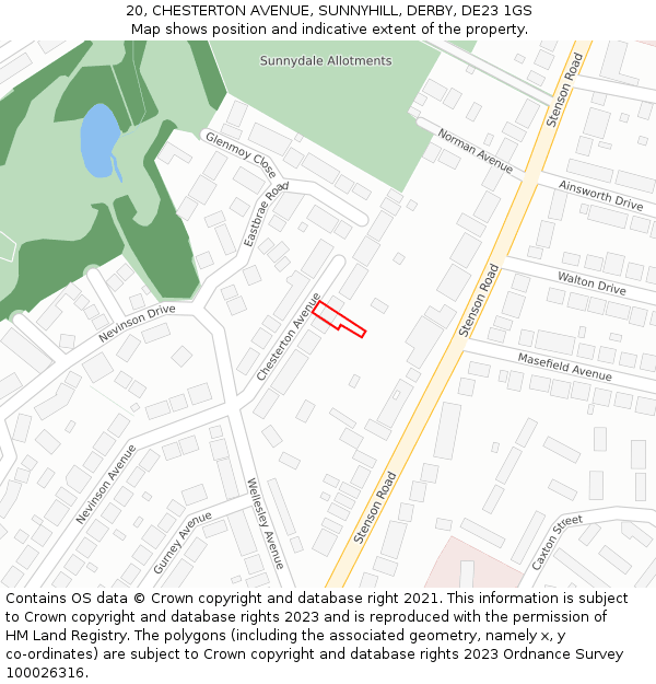 20, CHESTERTON AVENUE, SUNNYHILL, DERBY, DE23 1GS: Location map and indicative extent of plot