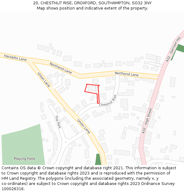 20, CHESTNUT RISE, DROXFORD, SOUTHAMPTON, SO32 3NY: Location map and indicative extent of plot