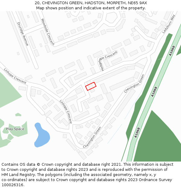20, CHEVINGTON GREEN, HADSTON, MORPETH, NE65 9AX: Location map and indicative extent of plot