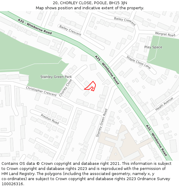 20, CHORLEY CLOSE, POOLE, BH15 3JN: Location map and indicative extent of plot