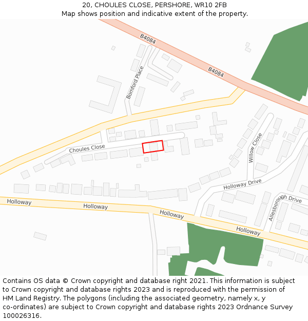 20, CHOULES CLOSE, PERSHORE, WR10 2FB: Location map and indicative extent of plot