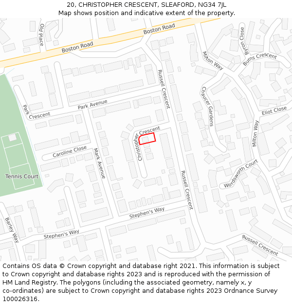 20, CHRISTOPHER CRESCENT, SLEAFORD, NG34 7JL: Location map and indicative extent of plot