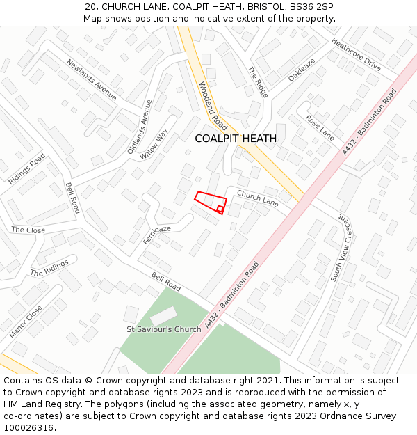 20, CHURCH LANE, COALPIT HEATH, BRISTOL, BS36 2SP: Location map and indicative extent of plot