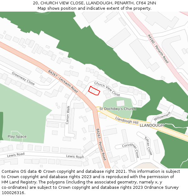 20, CHURCH VIEW CLOSE, LLANDOUGH, PENARTH, CF64 2NN: Location map and indicative extent of plot