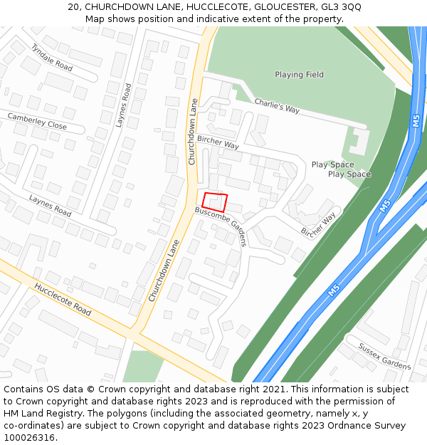 20, CHURCHDOWN LANE, HUCCLECOTE, GLOUCESTER, GL3 3QQ: Location map and indicative extent of plot