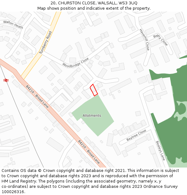 20, CHURSTON CLOSE, WALSALL, WS3 3UQ: Location map and indicative extent of plot