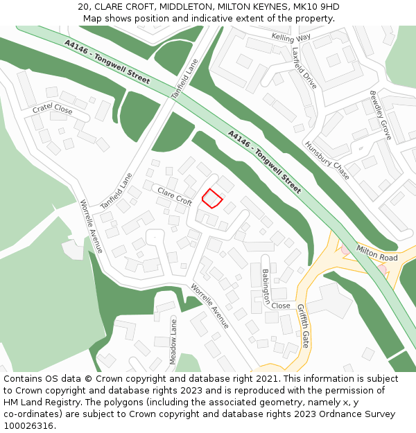 20, CLARE CROFT, MIDDLETON, MILTON KEYNES, MK10 9HD: Location map and indicative extent of plot