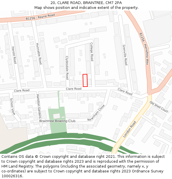 20, CLARE ROAD, BRAINTREE, CM7 2PA: Location map and indicative extent of plot