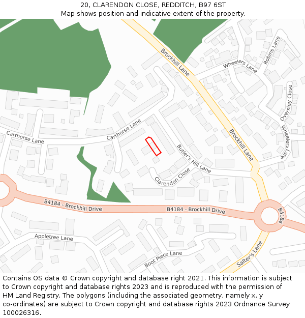 20, CLARENDON CLOSE, REDDITCH, B97 6ST: Location map and indicative extent of plot