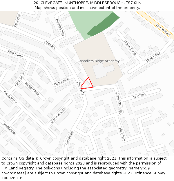 20, CLEVEGATE, NUNTHORPE, MIDDLESBROUGH, TS7 0LN: Location map and indicative extent of plot