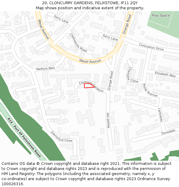 20, CLONCURRY GARDENS, FELIXSTOWE, IP11 2QY: Location map and indicative extent of plot