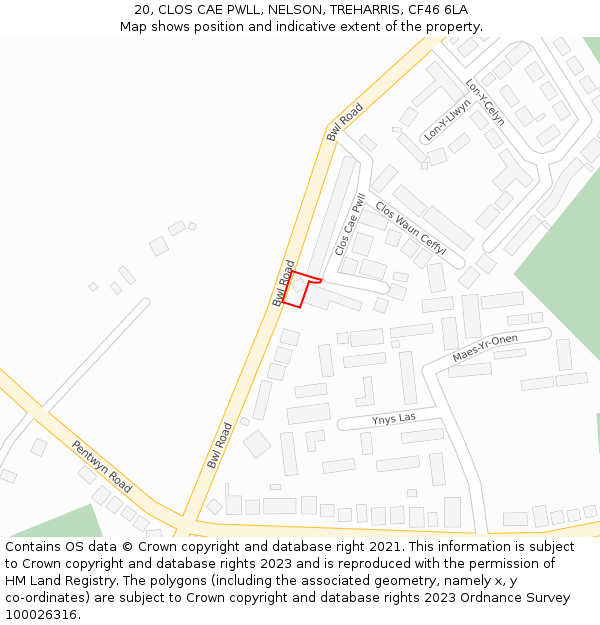 20, CLOS CAE PWLL, NELSON, TREHARRIS, CF46 6LA: Location map and indicative extent of plot