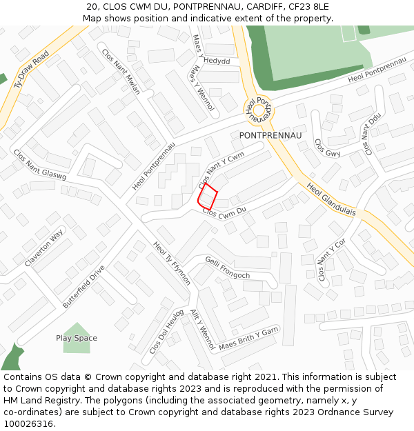 20, CLOS CWM DU, PONTPRENNAU, CARDIFF, CF23 8LE: Location map and indicative extent of plot