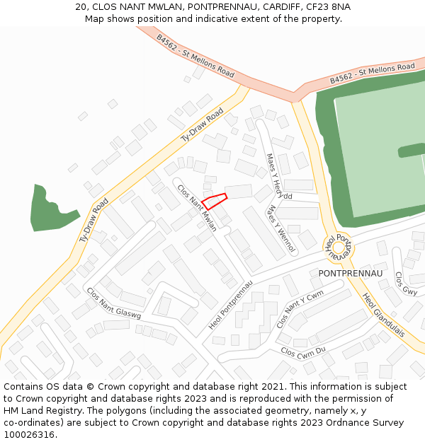 20, CLOS NANT MWLAN, PONTPRENNAU, CARDIFF, CF23 8NA: Location map and indicative extent of plot