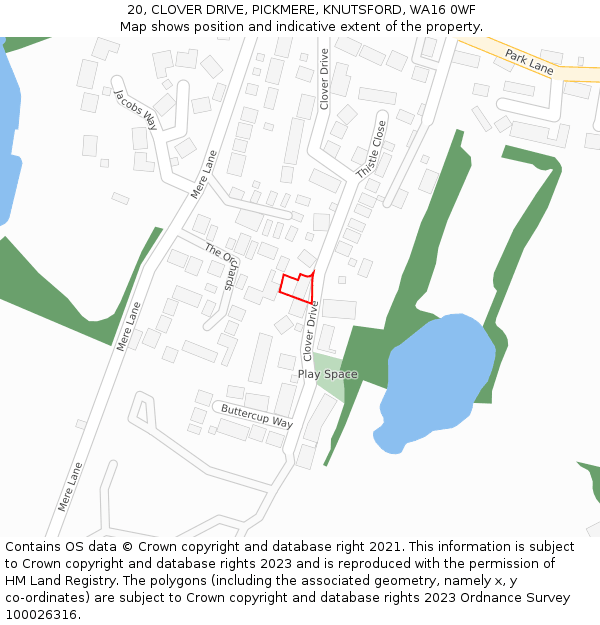 20, CLOVER DRIVE, PICKMERE, KNUTSFORD, WA16 0WF: Location map and indicative extent of plot