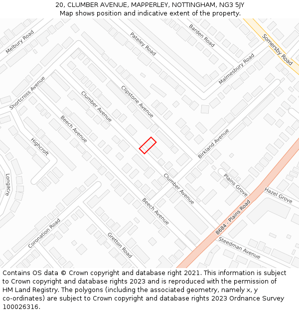 20, CLUMBER AVENUE, MAPPERLEY, NOTTINGHAM, NG3 5JY: Location map and indicative extent of plot