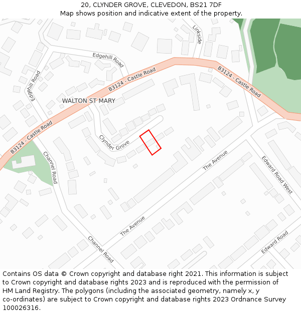 20, CLYNDER GROVE, CLEVEDON, BS21 7DF: Location map and indicative extent of plot