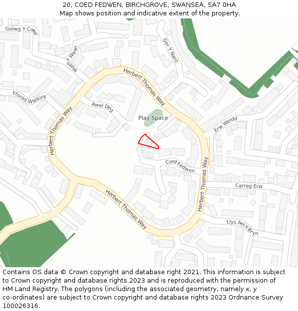 20, COED FEDWEN, BIRCHGROVE, SWANSEA, SA7 0HA: Location map and indicative extent of plot
