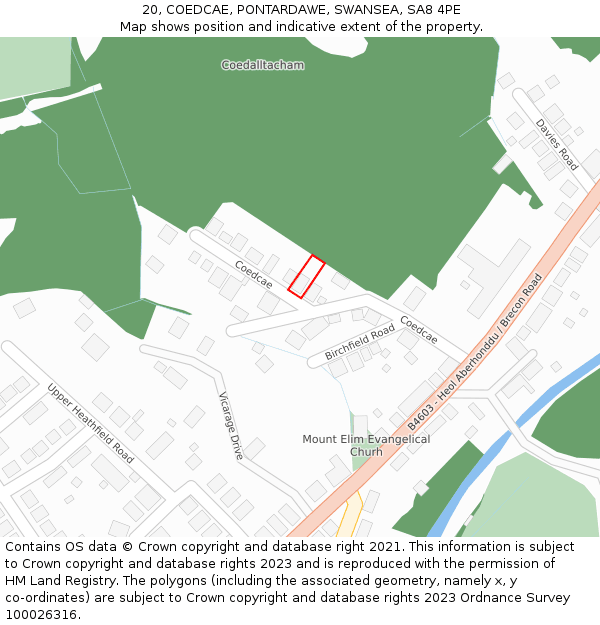 20, COEDCAE, PONTARDAWE, SWANSEA, SA8 4PE: Location map and indicative extent of plot
