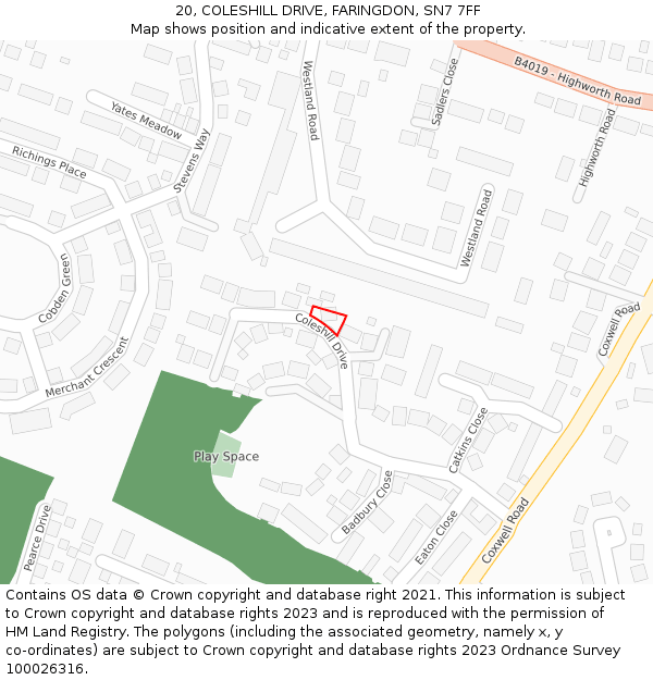 20, COLESHILL DRIVE, FARINGDON, SN7 7FF: Location map and indicative extent of plot