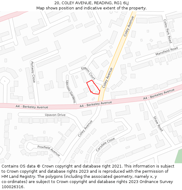 20, COLEY AVENUE, READING, RG1 6LJ: Location map and indicative extent of plot