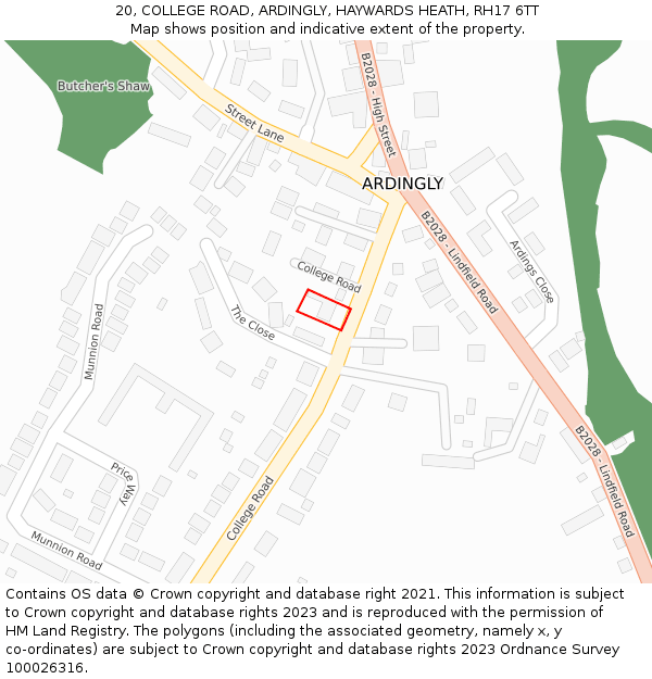 20, COLLEGE ROAD, ARDINGLY, HAYWARDS HEATH, RH17 6TT: Location map and indicative extent of plot