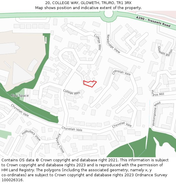 20, COLLEGE WAY, GLOWETH, TRURO, TR1 3RX: Location map and indicative extent of plot