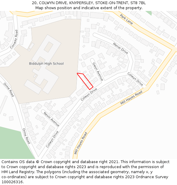 20, COLWYN DRIVE, KNYPERSLEY, STOKE-ON-TRENT, ST8 7BL: Location map and indicative extent of plot