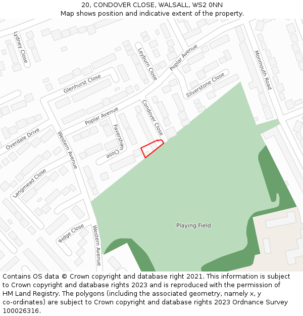 20, CONDOVER CLOSE, WALSALL, WS2 0NN: Location map and indicative extent of plot
