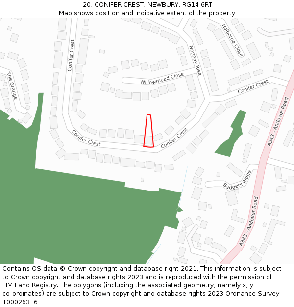 20, CONIFER CREST, NEWBURY, RG14 6RT: Location map and indicative extent of plot