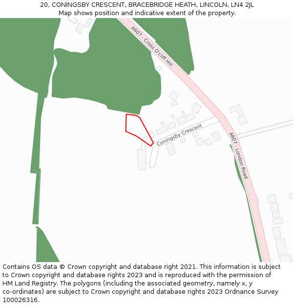 20, CONINGSBY CRESCENT, BRACEBRIDGE HEATH, LINCOLN, LN4 2JL: Location map and indicative extent of plot