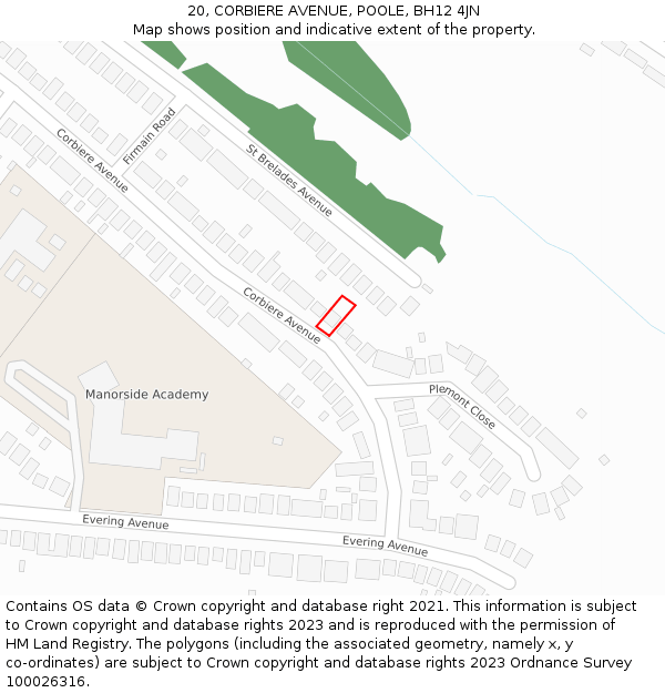 20, CORBIERE AVENUE, POOLE, BH12 4JN: Location map and indicative extent of plot