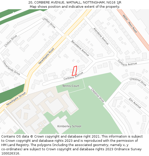 20, CORBIERE AVENUE, WATNALL, NOTTINGHAM, NG16 1JR: Location map and indicative extent of plot