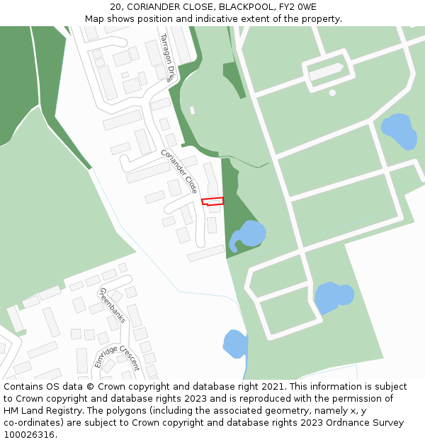 20, CORIANDER CLOSE, BLACKPOOL, FY2 0WE: Location map and indicative extent of plot