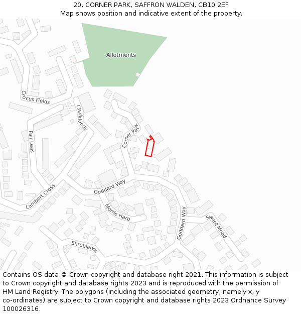 20, CORNER PARK, SAFFRON WALDEN, CB10 2EF: Location map and indicative extent of plot