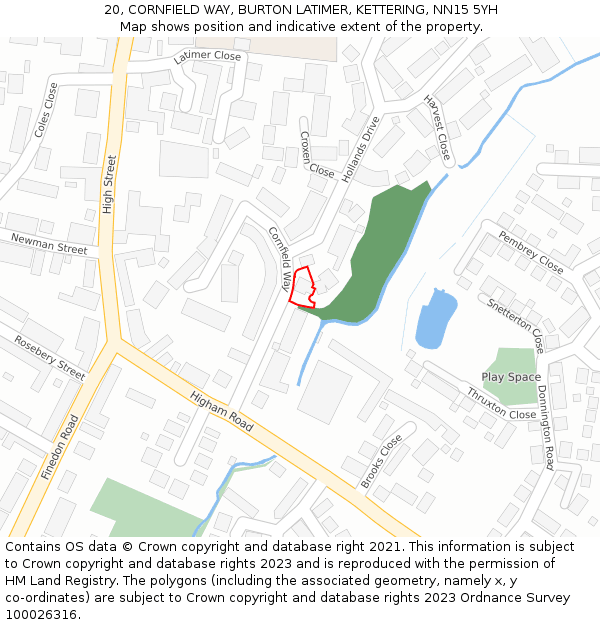 20, CORNFIELD WAY, BURTON LATIMER, KETTERING, NN15 5YH: Location map and indicative extent of plot