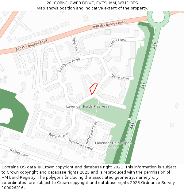 20, CORNFLOWER DRIVE, EVESHAM, WR11 3ES: Location map and indicative extent of plot