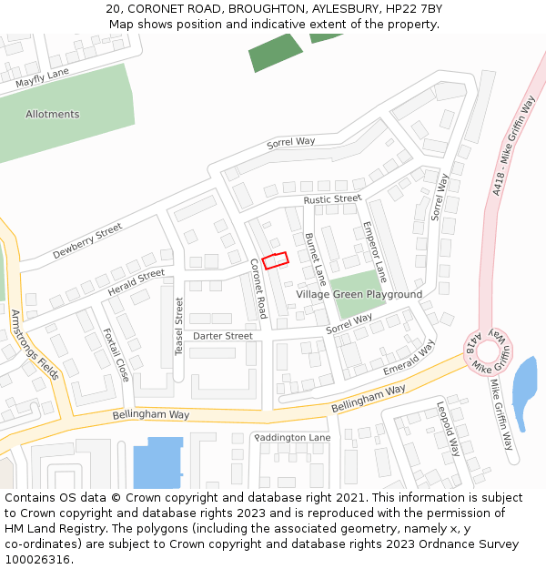 20, CORONET ROAD, BROUGHTON, AYLESBURY, HP22 7BY: Location map and indicative extent of plot