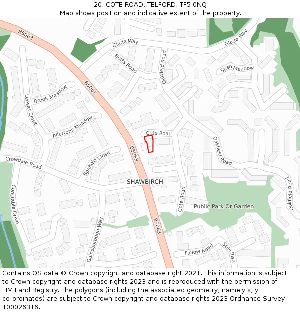 20, COTE ROAD, TELFORD, TF5 0NQ: Location map and indicative extent of plot